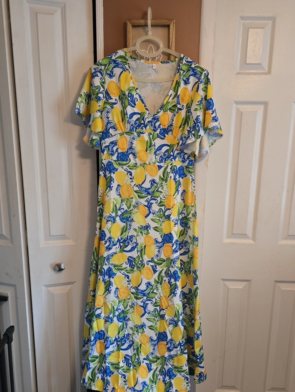 Floral Lemon Print V-Neck Midi Dress - Yellow & Blue - Picture 2 of 4
